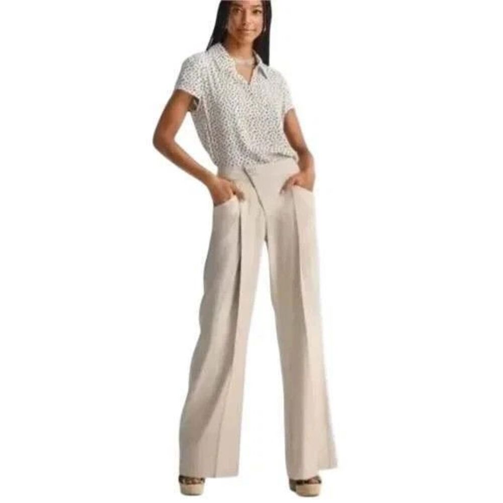 Cabi Traipse Trouser Crossover Linen Blend Pants in Biscotti #6266 Size 6
